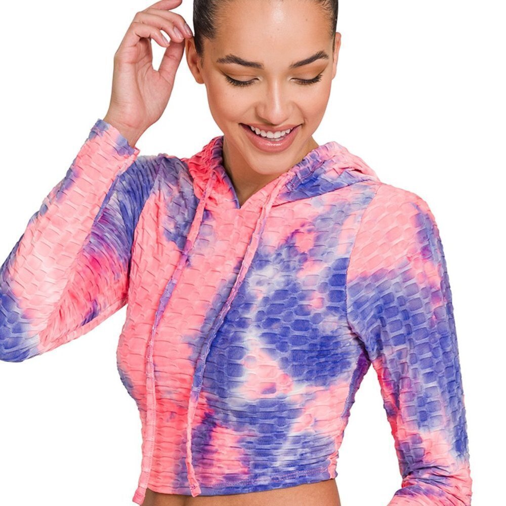Zenana Pink Blue Tie Dye Cropped Hoodie Stretch Athleisure Top NWT - Picture 2 of 8